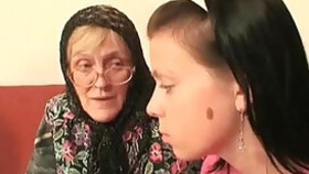 Hot babe helps granny sucks fat cock